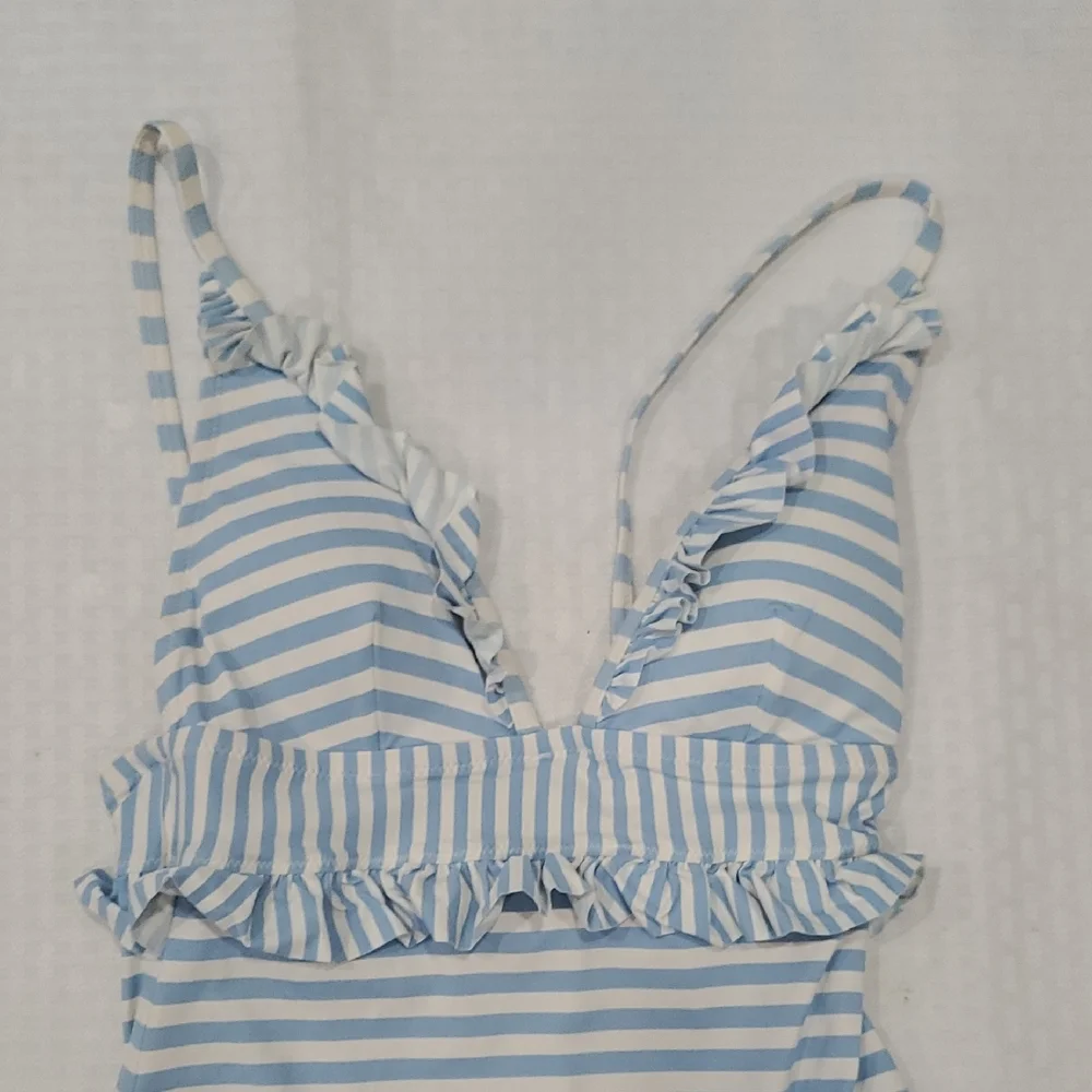 J. Crew Ruffle Plunging  Blue and White Striped Women's One Piece Swimsuit - Picture 2 of 12